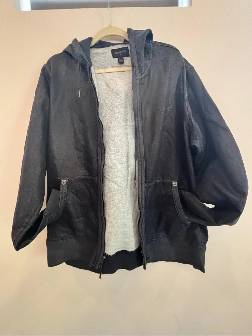 True Religion Zip Up Hoodie Black Coated Denim Men's Size XL Tonal Logo